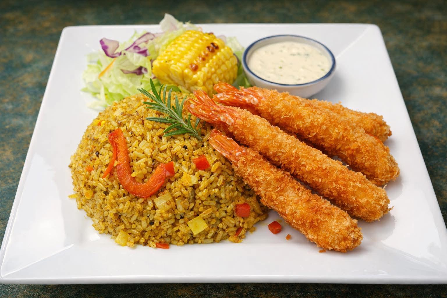 Crispy prawns over fragrant turmeric rice