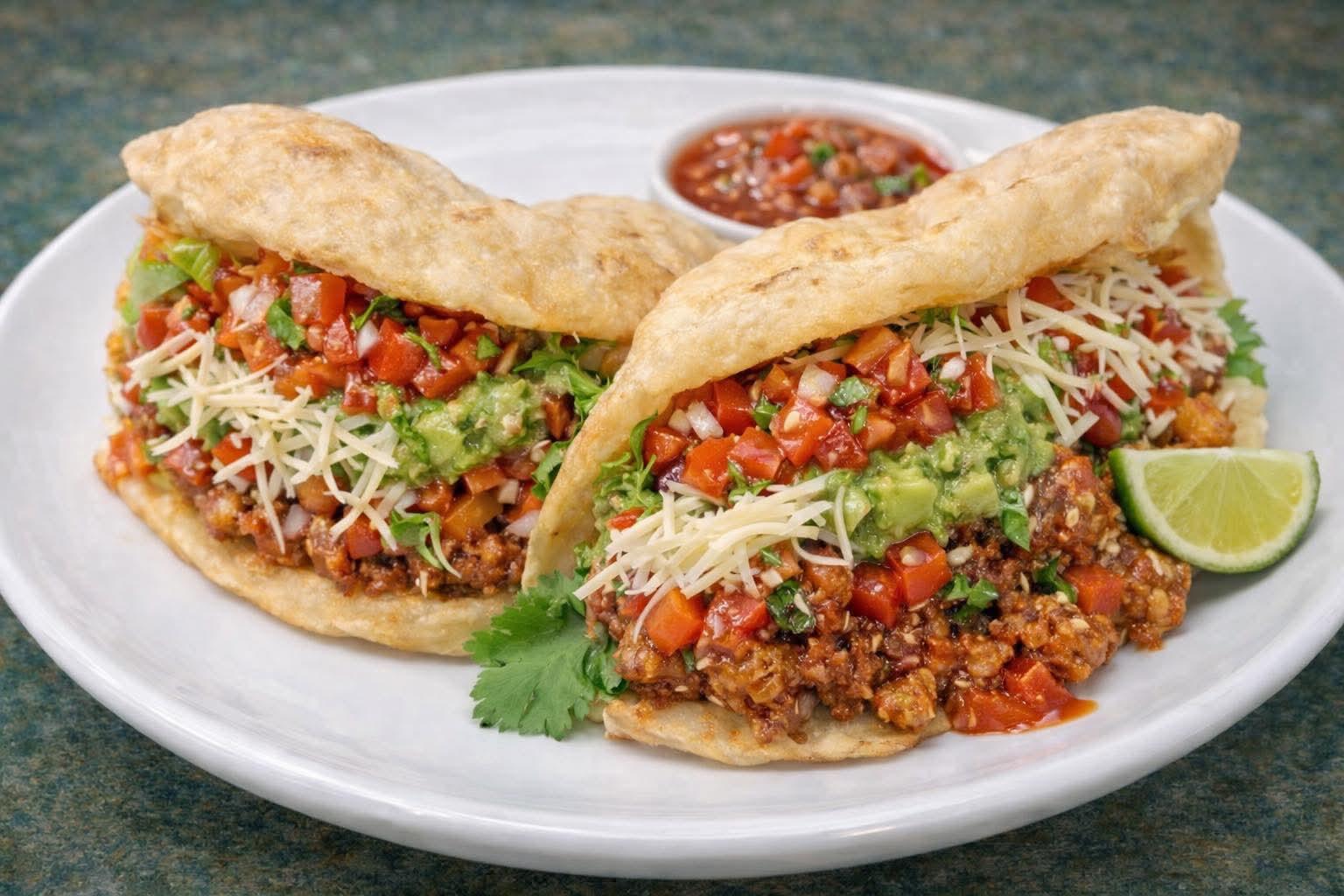 Two crispy Caribbean tacos with salsa