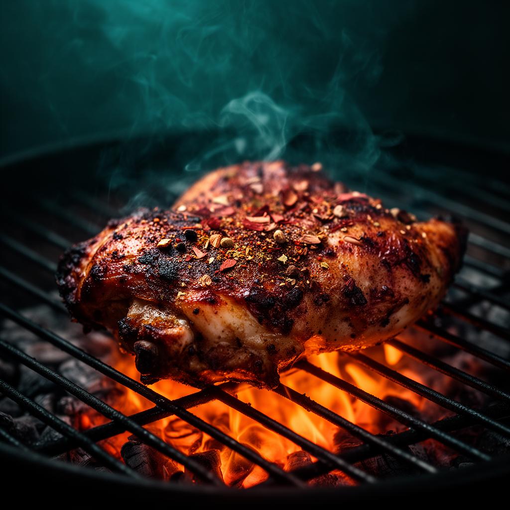 Jerk chicken grilled over open flame
