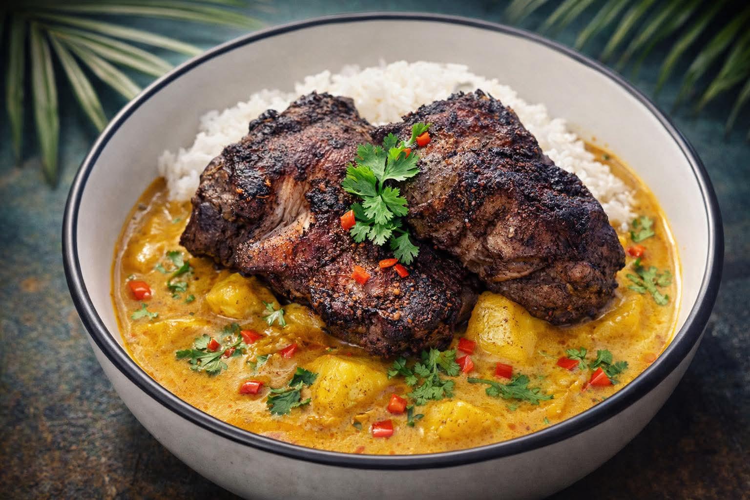 Jerk chicken on mango coconut curry with rice
