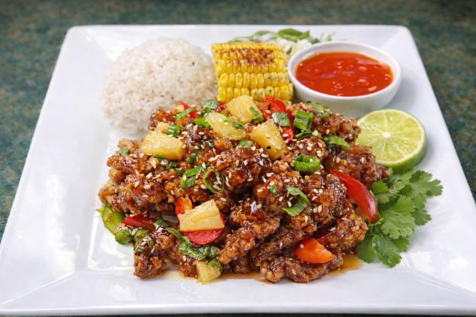 Sesame pineapple pork with rice, corn and chilli sauce